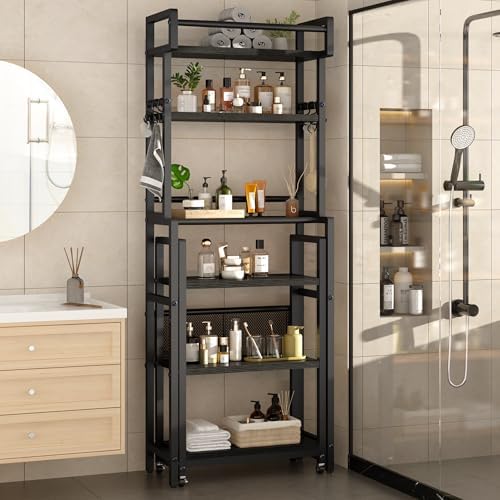 Recaceik 6-Tier Over The Toilet Storage Shelf with Cart, Freestanding Above Toilet Shelf Rack, Farmhouse Bathroom Organizer Shelves, Space Saver (Black) - Image 6