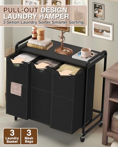 Laundry Sorter 3 Section,Laundry Basket with Wheels,3×15.8 Gal (60L) Black - Image 4