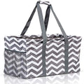 Extra Large Utility Tote Bag - Oversized Collapsible Reusable Wire Frame Rectangular Canvas Basket With Two Exterior Pockets For Beach, Pool, Laundry, Car Trunk, Storage - Chevron Gray by Lucazzi