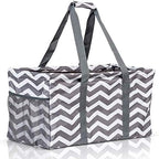 Extra Large Utility Tote Bag - Oversized Collapsible Reusable Wire Frame Rectangular Canvas Basket With Two Exterior Pockets For Beach, Pool, Laundry, Car Trunk, Storage - Chevron Gray by Lucazzi