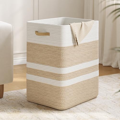 Nunsino 87L Laundry Hamper,Laundry Basket with Leather Handles,Woven Storage Basket for Toys,Pillows,Blankets,Clothes,Brown&White by Nunsino