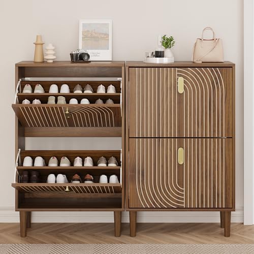 Smuxee Shoe Cabinet with 2 Flip Drawers, 23.6" Walnut Hidden Shoe Storage Cabinet with Line Groove Design, Freestanding Shoe Organizer Cabinet for Entryway, Hallway, Living Room - Image 3