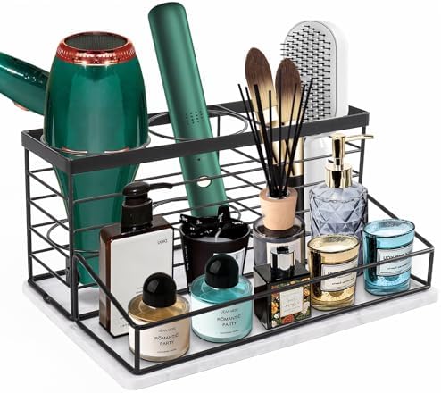 Hair Tool Organizer, Movable Hair Dryer Holder, Hair Styling Tools Storage for Vanity, Bath Counter Organizer, Bathroom Trays for Hair Toiletry, Makeup (12" x 7.7" x 5.8", Marble-Black) by Siyzda