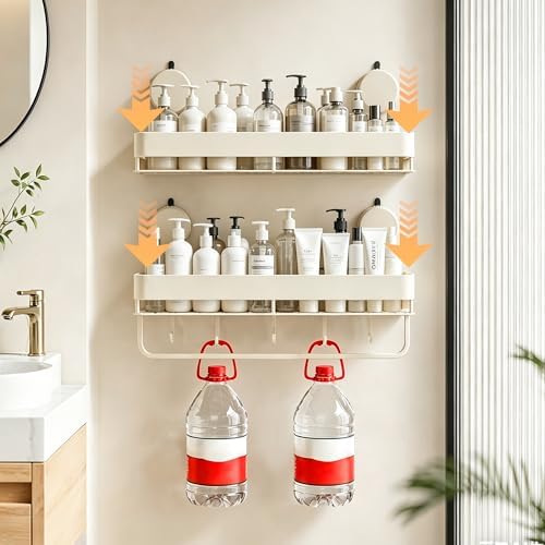Wide Aluminum Suction Cup Shower Caddy(2-Pack Cream White),Shower Shelves for Bathroom Wall,Wall Mounted Bathroom Shelves with Towel Bar & Hooks - Image 4