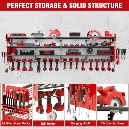 Large Power Tool Organizer Wall Mount, 16 Drill Holders Storage Rack, Red - Image 5