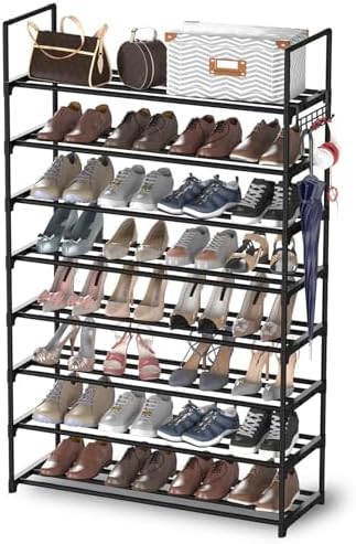Hsscblet 8-Tier Metal Shoe Rack for Closet and Entryway with Hooks, Black by Hsscblet