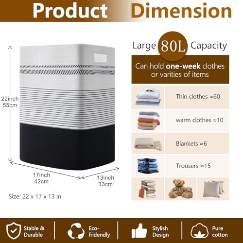 80L Large Cotton Rope Laundry Basket for Bedroom & Laundry Room, Tall Clothes Hamper with Sturdy Handles, Neutral Storage Bin Capable of Holding Blankets and Toys - Image 4