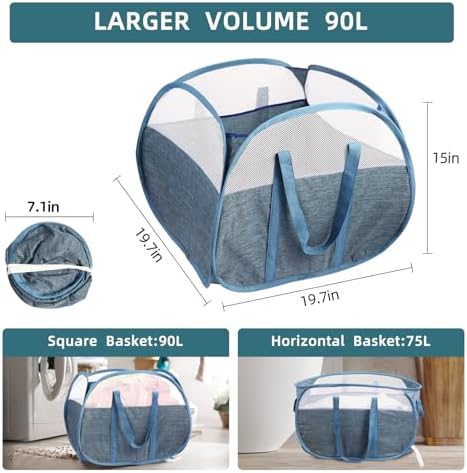 2 Pack Collapsible Laundry Baskets, 90L Large Foldable Laundry Basket, Pop Up Hampers for Laundry, Dirty Clothes Laundry Hamper for Bedroom, Bathroom, Dorm, Laundry Room, Travel or Camping Blue - Image 4