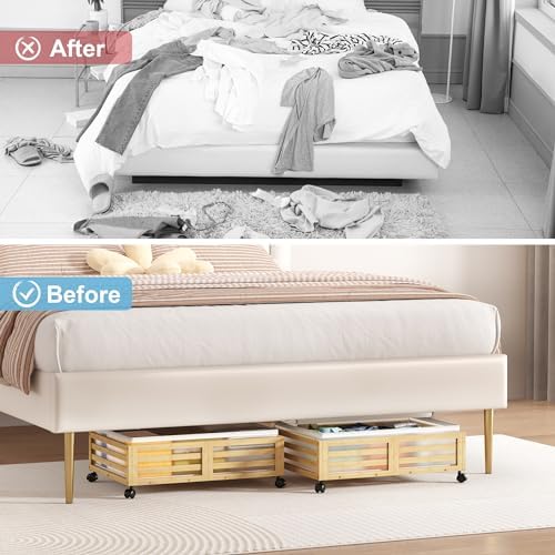 Under Bed Storage with Wheels-Large Bamboo Underbed storage Containers with Large Dust Bag Stackable Under the Bed Shoe Storage Bins for Clothes Books Bedding (2 Packs Nature, 23.62"L×16.54"W× 6.51"H) - Image 7