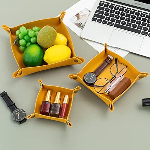 3 packs PU Leather Tray in 3 Sizes Jewelry Tray Glossy Leather Desk Organizer Leather Catchall Tray for Jewelry/Key/Coin/Sun Glasses/Watch/USB Cables etc. (yellow) - Image 3