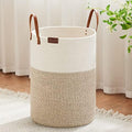 VIPOSCO 72L Tall Woven Rope Laundry Hamper, Leather Handles, White & Brown by VIPOSCO