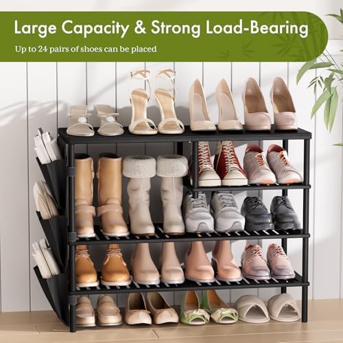 Bamboo Shoe Rack, 4 Tiers Shoe Organizer for Closet, Shoes Storage for 20-24 Pairs, Freestanding Shoe Shelf with Removable Pocket for Entryway Bedroom Front Door Dorm, Black - Image 5