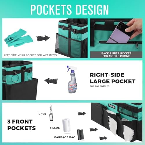 SCAVATA Wearable Cleaning Caddy Bag, Cleaning Caddy Supplies Organizer with Handle & Shoulder Straps for Housekeepers, Under Sink & Car Cleaning Tool Organizers with 4 Foldable Divider (Lake Blue) - Image 2
