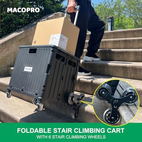MACOPRO Foldable Utility Cart with Stair Climbing Wheels, Collapsible Rolling Crate with Telescoping Handle, Folding Shopping Trolley Handcart Grocery Book File Tool Teacher Storage Basket (Black) - Image 3