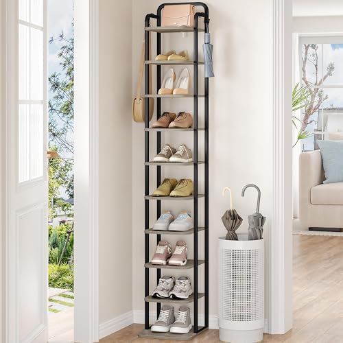 Hzuaneri 10 Tiers Vertical Shoe Rack, Narrow Shoe Tower, Tall Shoes Shelf with 2 Hooks, Adjustable Shelves, Corner Shoes Shelves for Small Spaces, Entryway, Living Room, Greige SR11205B by Hzuaneri
