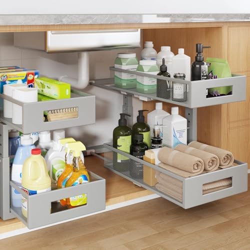 2 Packs 17IN Depth Under Sink Organizer, 2-Tier Pull Out Cabinet Organizer With Smooth Circular Rail, Large Capacity Metal Mesh Sliding Drawers For Bathroom& Kitchen Storage,Height Adjustable–Gun Gray by UnderSinkOrganizer