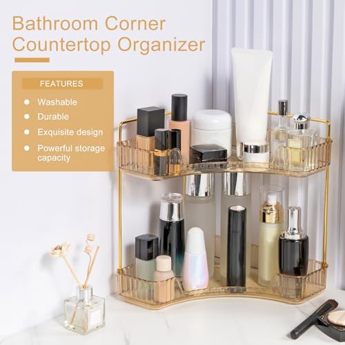 INVSSENE Corner Bathroom Countertop Organizer, Vanity Organizer Trays for Counter, Makeup Organizers, Perfume Tray, Skincare Shelf Storage Gifts for Women Girl Student (Yellow, 2 Tiers) - Image 4