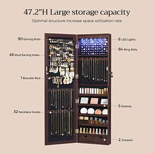 SONGMICS 6 LEDs Mirror Jewelry Cabinet, 47.2-Inch Tall, Lockable - Image 5