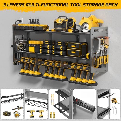 TOPRINCE 56.7" W Large Power Tool Organizer Wall Mount with Charging Station, 3-Tier Heavy Duty Metal Tool Rack with 12 Drill Holders and 6FT Power Strip, Garage Workshop Storage.Black - Image 3