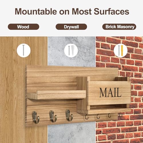 Lwenki Mail Organizer for Wall Mount – Key Holder with Shelf Includes Letter Holder and Hooks for Hallway Farmhouse Decor – Rustic Wood with Flush Mounting Hardware (16.5” x 9.1” x 3.4”) (Wood) - Image 7