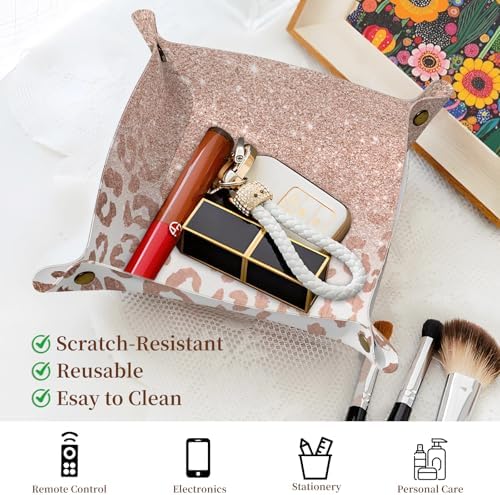PU Leather Jewelry Valet Tray, Portable Catchall Tray for Keys, Wallet, Watch,Travel Jewelry Tray Organizer for Nightstand Desk Entryway Home Decor Gift for Women Men Pink Leopard Print - Image 2