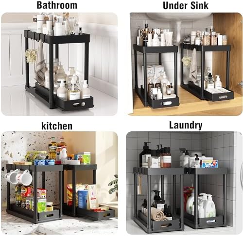 2 Pack Pull-Out Storage Organizers, Under Sink Organizer and Storage for Bathroom & Kitchen,Multi-Purpose Under Cabinet Organizers and storage Black - Image 6