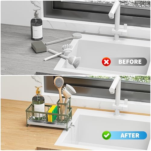 Cisily Sponge Holder for Kitchen Sink, Sink Caddy Organizer with High Brush Holder, Kitchen Countertop Organizers and Storage Essentials, Rustproof 304 Stainless Steel (Sage Green, 9.25″) - Image 6