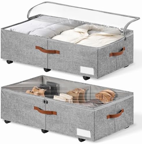 60L Large Under Bed Storage with Wheels Pack of 2, Underbed Shoe Container Bin with Clear Lid Cover, 10.5 Inches Rolling Under Bed Drawer Storage Bag Basket for Boots Quilt Sweater - Grey by KitHero