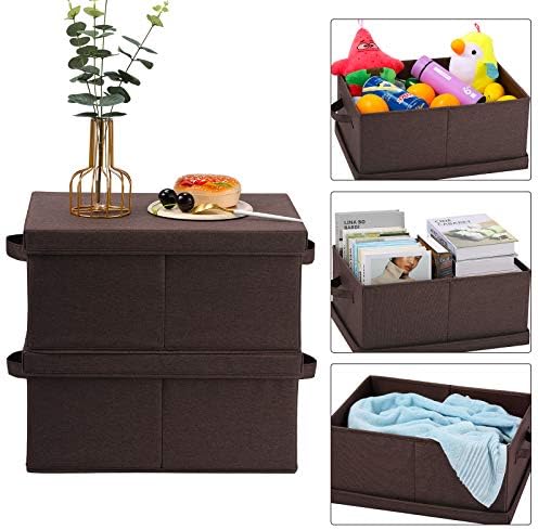 HOONEX Linen Foldable Storage Bins with Lids, 2 Pack, Storage Boxes with Carrying Handles and Sturdy Heavy Cardboard, 16.5" L x 11.8" W x 7.5" H for Shoes, Clothes, Brown - Image 3
