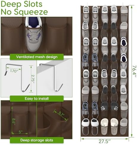 Over the Door Shoe Organizer with 40 Large Breathable Mesh Pockets, Space Saving Shoe Holder, Hanging Shoe Rack for Entryway Bedroom Closet Storage (Brown, 40 Pockets) - Image 2