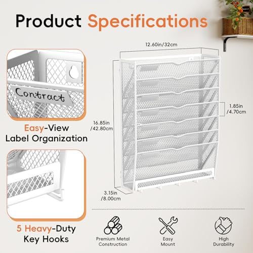 8-Tier Wall File Organizer with Hook, Hanging File Organizer White - Image 2