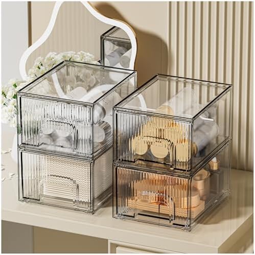ZHIAI 4 Pack Clear Stackable Storage Drawer, Acrylic Drawer, Cosmetic Organizer, Plastic Organizer for Dresser, Under, Kitchen Cabinet, Pantry, Home Organization and Storage by ZHIAI