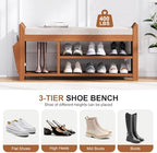 PETKABOO 39.4" Shoe Bench with Coat Rack Hidden Drawer and Side Holder, 2 Tier Entryway Bench with Storage, Bamboo Shoe Rack with Cushion for Entryway Hallway Living Room Bedroom - Image 5
