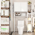 Over The Toilet Storage Cabinet with Doors - 7 Tier Bathroom Organizer with Adjustable Shelf, Freestanding Space Saver Rack Above Toilet Stand with 4 Hooks for Bathroom, Restroom, Laundry, White - Image 4