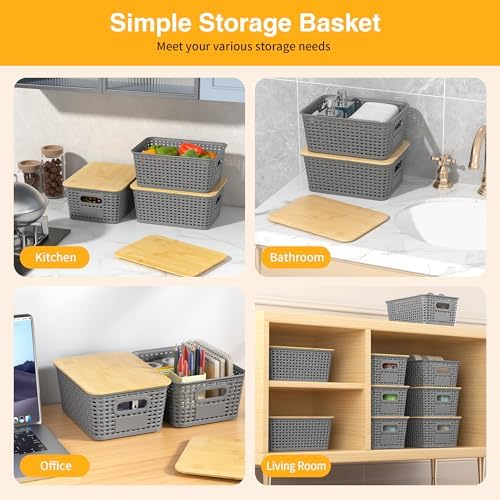 6 Pack Plastic Storage Baskets,Gray bamboo lid storage Box - Image 4