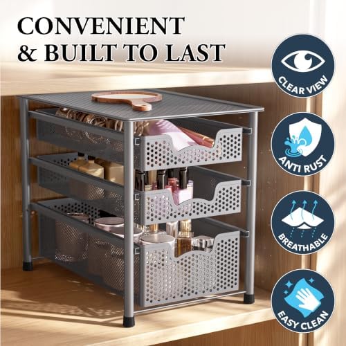 Simple Houseware Stackable 3 Tier Sliding Basket Organizer Drawer, Silver - Image 5