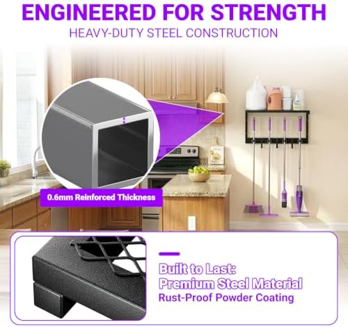Heavy Duty Broom Holder Wall Mount, All-Metal Mop Rack with Storage Shelves - Image 7