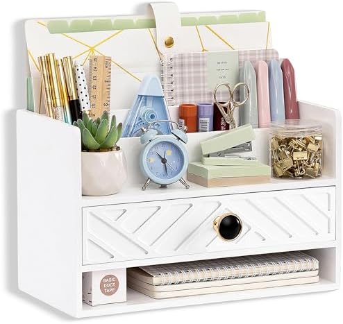 dreampossible white Wood Desk Organizer and Accessories with Drawer, Bill Mail Organizer and File Mail Holder for Office Supplies, Desk Accessories & Workspace Organizers for Desk Organization by dreampossible