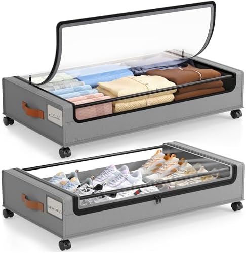 LAMU Under Bed Storage with Wheels, 2Pack Underbed Storage Containers, Grey | Smooth-rolling Wheels, Clear Lid & Label, Sturdy Metal Frame, Easy Install, Rolling Storage Drawers for Clothes, Shoes, Toys by YourHome-OrganizationHelper