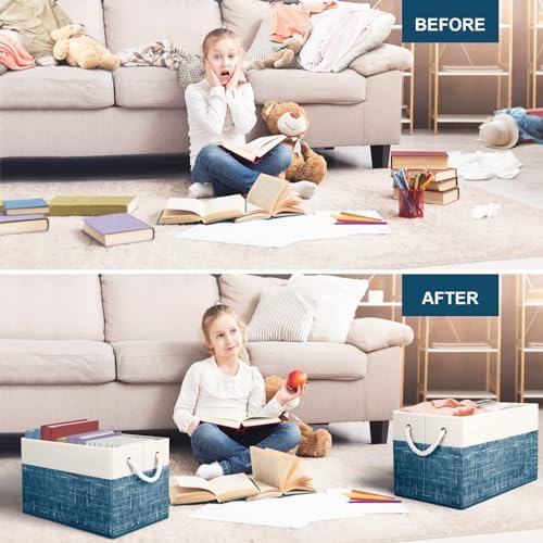 Fab totes Storage Bins 3-Pack, Foldable Storage Baskets for Organizing Toys, Books, Shelves, Closet, Large Storage Box with Rope Handles, Sturdy Organizer Bins, White & Blue - Image 5