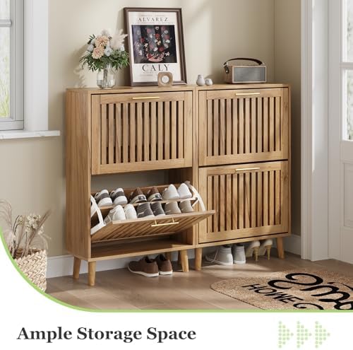Shoe Storage Cabinet with Louvered 2 Flip Drawers, Narrow Shoe Cabinet Storage for Entryway, Freestanding Shoe Organizer Cabinet with Golden Handles, Slim Shoe Rack Cabinet 23.5in (Natural Wood) - Image 3