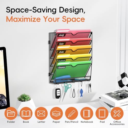 6-Tier Wall File Organizer with Hook, Hanging File Organizer Black - Image 4
