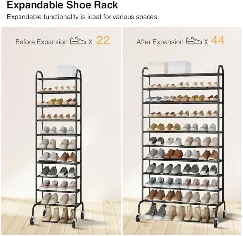 STO STO Expandable Shoe Rack, 10-Tier Metal Tall Shoe Rack for Garage, Up to 44 Pairs Adjustable Shoe Rack Storage for Front Door Entrance, Free Standing Shoe Rack Organizer for Entryway, Black - Image 4