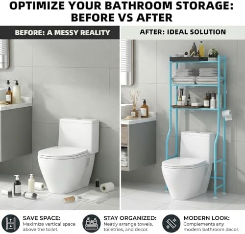 GloTika 3-Tier Over Toilet Storage, Anti-Tilt, 64" H, Blue - Image 7
