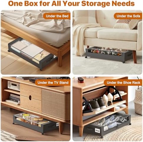 Under Bed Storage with Wheels,XXL 60L Under Bed Storage Containers with Clear Lids, Rolling Under Bed Metal Drawer for Clothes, Shoes,Toys (Black, 2 Pack) - Image 4