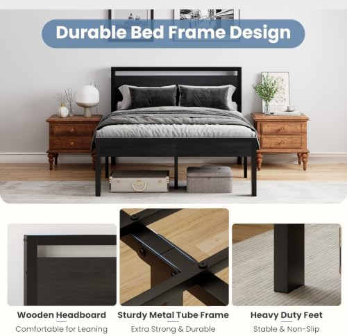 Sweetcrispy 14 Inch Queen Size Metal Bed Frame with Wood Headboard, Black - Image 4