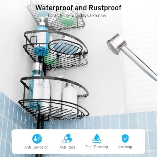 Corner Tension Pole Shower Caddy, 4 Tier Rustproof Shower Tension Rod Organizer with Soap Holder & Hooks, Adjustable 33-125 Inch Bathroom Shelf for Renters - Family Stand Storage Rack, Black - Image 6