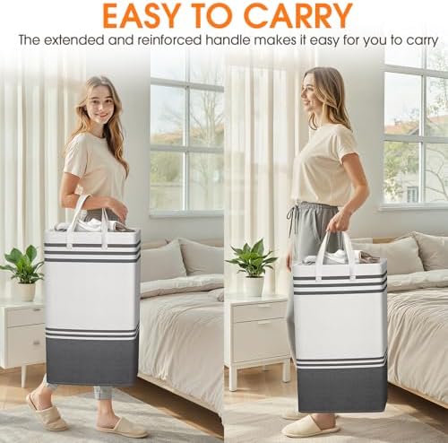2 Pack Large Home Laundry Basket, Laundry Hamper, Freestanding Waterproof Dirty Clothes Bag, Tall Clothes Hamper - Extended & Reinforced Handles for College Dorm, Family (Light Grey/88L) - Image 6