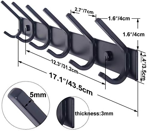 WEBI Coat Rack Wall Mounted,17-1/8 Inch Hooks for Hanging Coats,Heavy Duty Metal Hook Rail with 6 Double Dual Hooks Hanger Wall Mount for Purse Clothes Jacket Backpack Entryway,Black - Image 2
