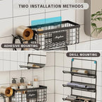 Magheo Hair Dryer Holder Wall Mounted, Adheisve Hair Styling Tool Organizer for hair Brush/Appliance Wall Mount with 4 Tier Shelf Basket Hooks Blow Dryer and Straightener Holder for Bathroom(Black) - Image 5